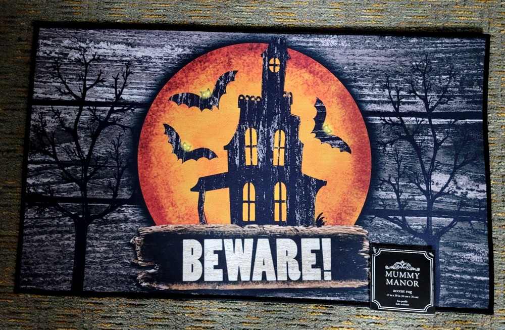 New HALLOWEEN Accent Rug 17" X 30" BEWARE/HAUNTED HOUSE Indoor/Outdoor